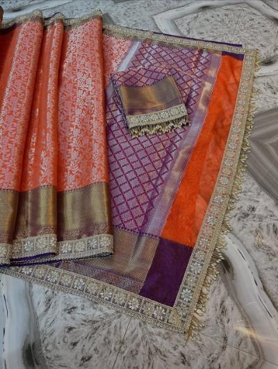 Banarasi Silk Weaving Design Saree with Lace Border and Brocade Blouse