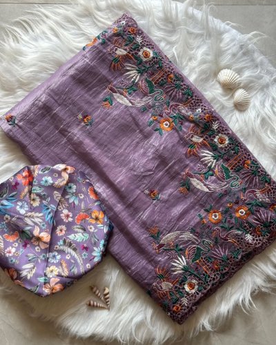 Shiny Crush Tussar Satin Crape Saree with Floral Border