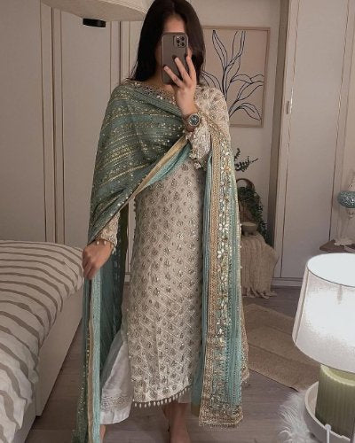 Fox Georgette Suit with Real Mirror Work