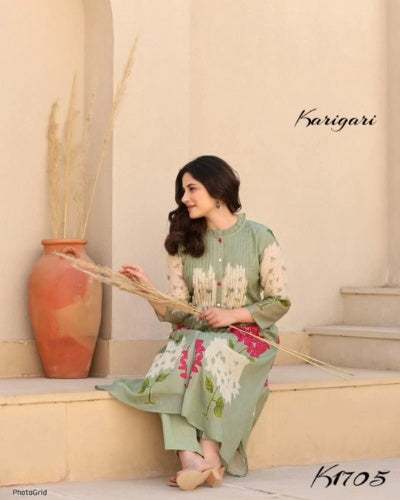 Karigari by DKH Premium Cotton Kurti Pant Set with Pintex Yoke