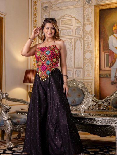 Black Embroidered Bangalori Silk Top with Cotton Palazzo Set