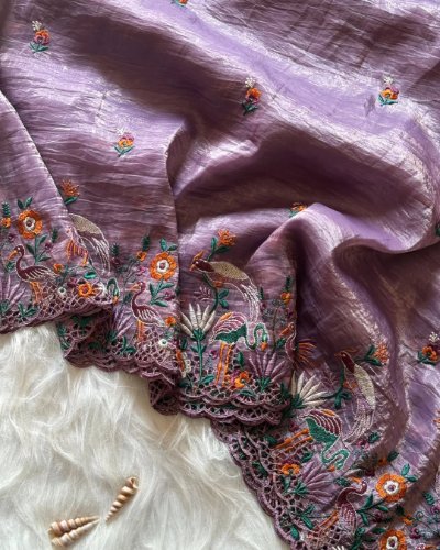 Shiny Crush Tussar Satin Crape Saree with Floral Border