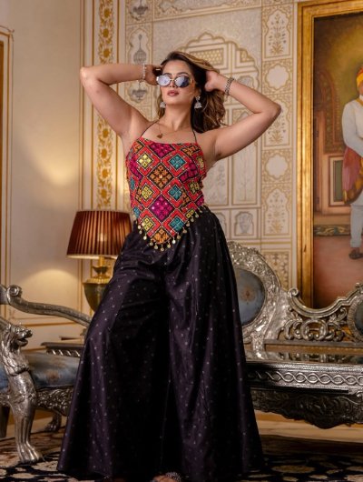Black Embroidered Bangalori Silk Top with Cotton Palazzo Set
