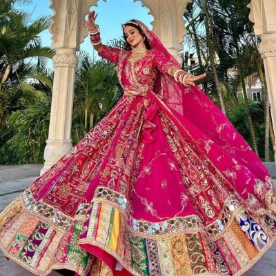Navratri Satin Silk Lehenga with Mirror and Digital Print