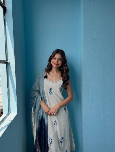 Cotton Embroidered Suit with Georgette Dupatta