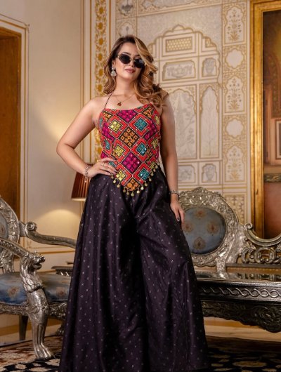 Black Embroidered Bangalori Silk Top with Cotton Palazzo Set