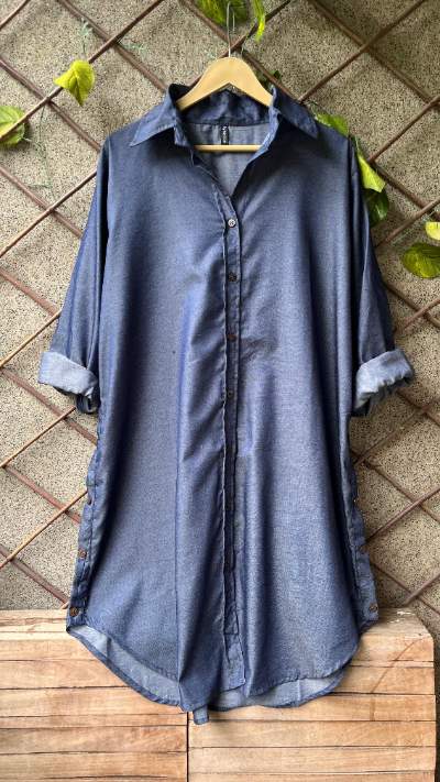 Denim Side Buttoned Coords Set with Long Hip Covering Shirt