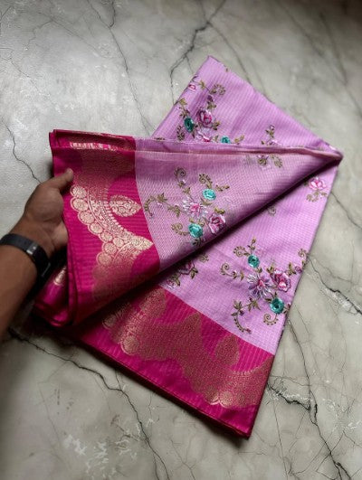 Banarasi Soft Kota Silk Check Weaving Saree with Embroidery