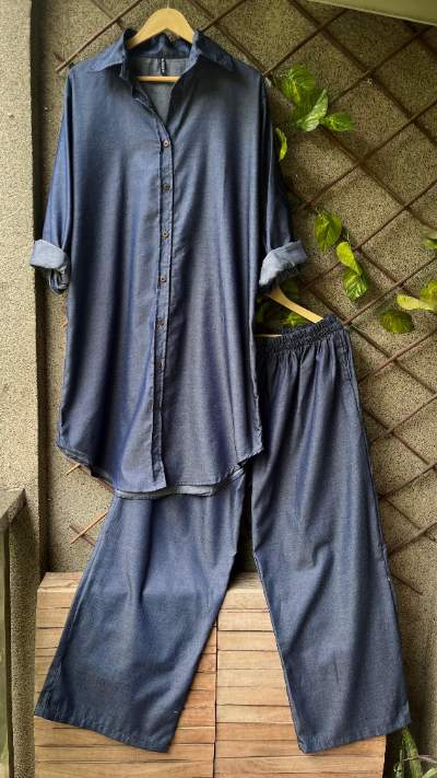 Denim Side Buttoned Coords Set with Long Hip Covering Shirt
