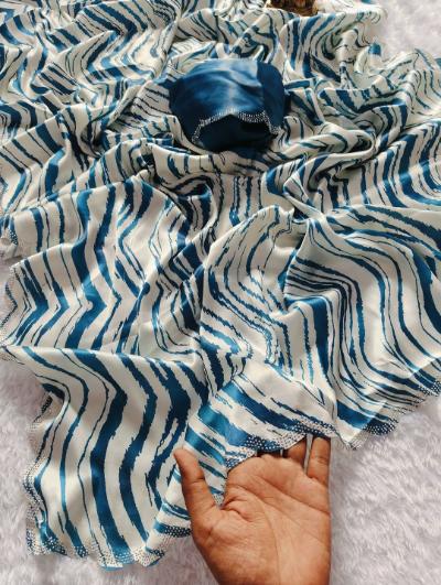 Heavy Carbon Crepe Saree with Zigzag Digital Print and Zardosi Swarovski