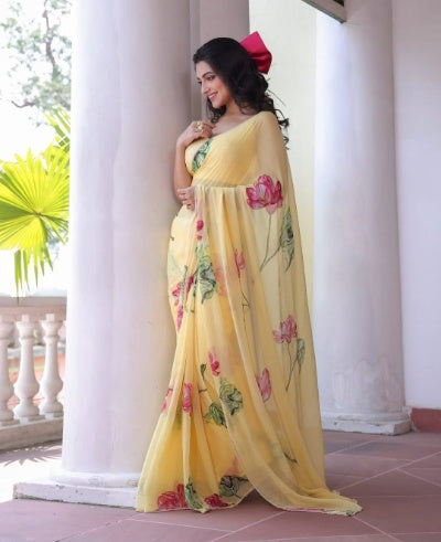 Sareewala Tebby Silk Digital Floral Saree with Cutdana and Pearl Work
