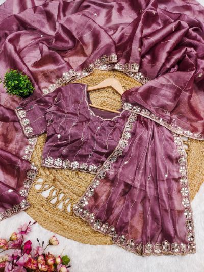 Soft Burberry Silk Saree with Embroidery and Real Mirror Hand Work