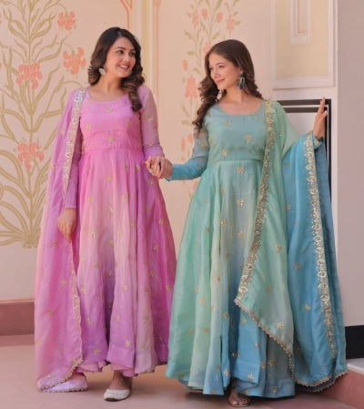 Gold Organza Embroidered Gown with Dupatta