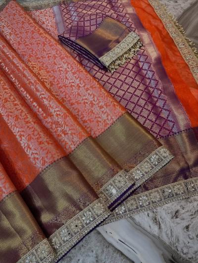 Banarasi Silk Weaving Design Saree with Lace Border and Brocade Blouse