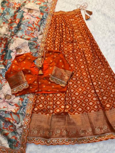 Pure Banarasi Zari Meena Weaved Stitched Lehenga and Blouse with Printed Dupatta
