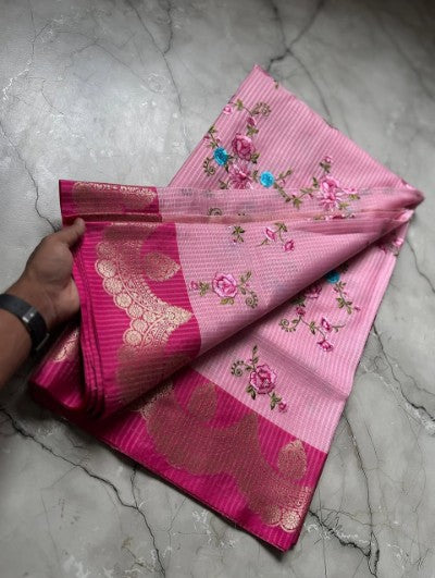 Banarasi Soft Kota Silk Check Weaving Saree with Embroidery