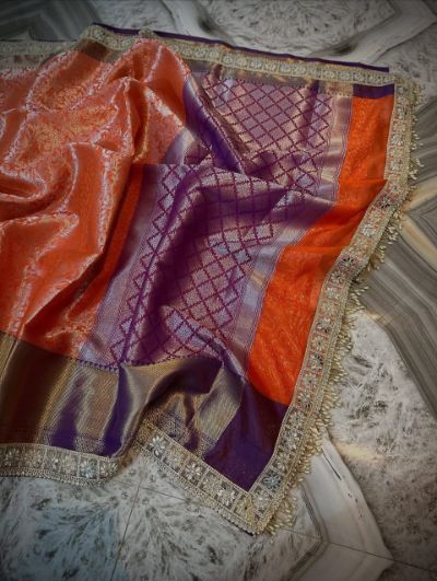 Banarasi Silk Weaving Design Saree with Lace Border and Brocade Blouse