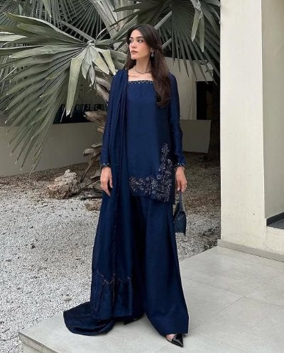 Embroidered Crepe Silk Farshi Style Suit