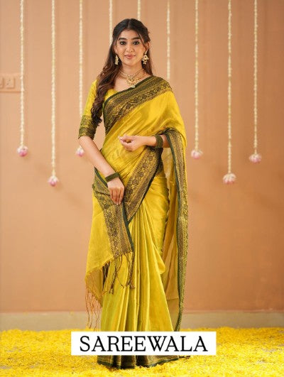 Stunning Yellow Tissue Cotton Saree with Stitched Blouse