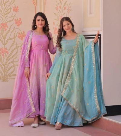 Gold Organza Embroidered Gown with Dupatta