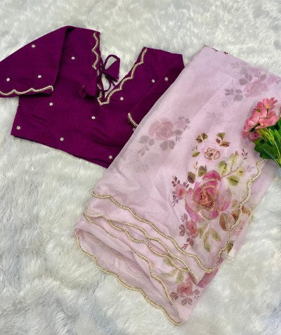 Soft Satin Organza Saree with Pearl and Cut Dena Handwork