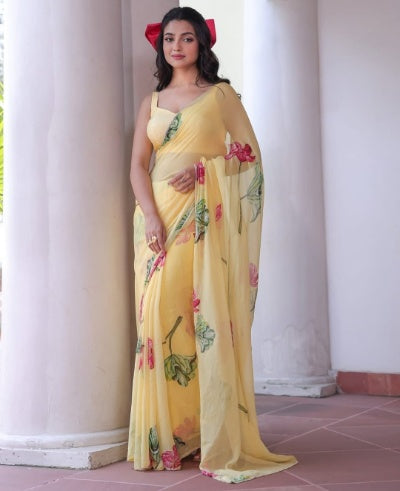 Sareewala Tebby Silk Digital Floral Saree with Cutdana and Pearl Work