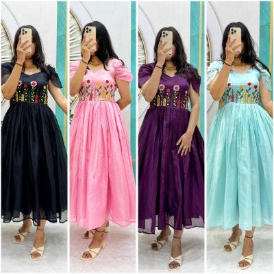 Soft Kota Checks Thread Work Gown