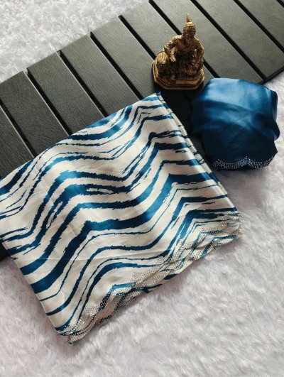 Heavy Carbon Crepe Saree with Zigzag Digital Print and Zardosi Swarovski