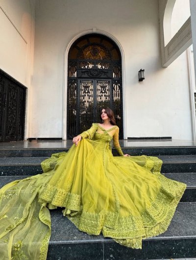Green Kediya-Style Shrug Anarkali with Blouse and Dupatta