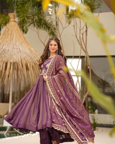 Silk Fabric Embroidery Anarkali Suit