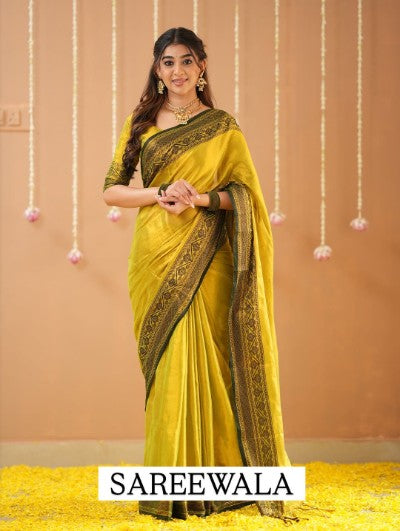 Stunning Yellow Tissue Cotton Saree with Stitched Blouse