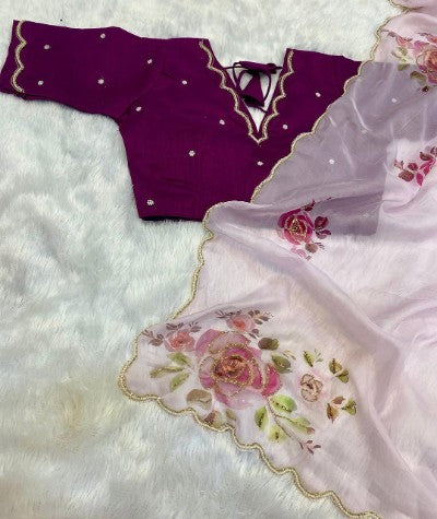 Soft Satin Organza Saree with Pearl and Cut Dena Handwork