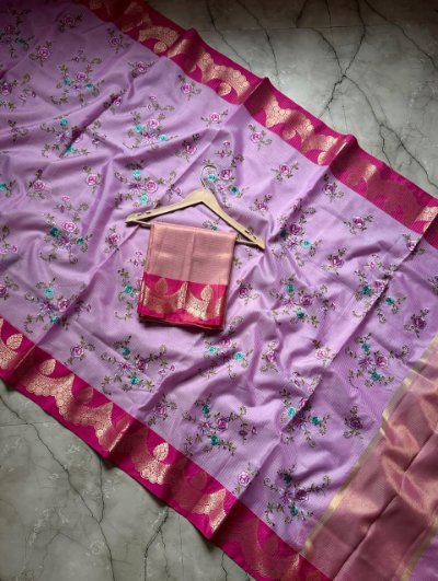 Banarasi Soft Kota Silk Check Weaving Saree with Embroidery
