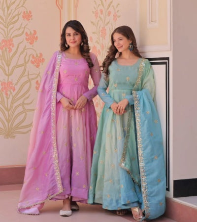 Gold Organza Embroidered Gown with Dupatta