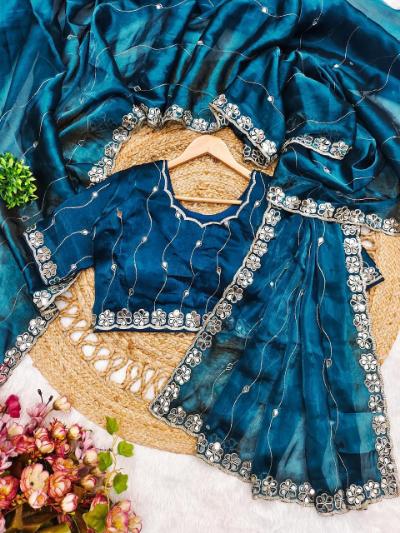 Soft Burberry Silk Saree with Embroidery and Real Mirror Hand Work