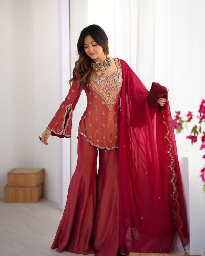 Golden Embroidery Flared Sharara Suit